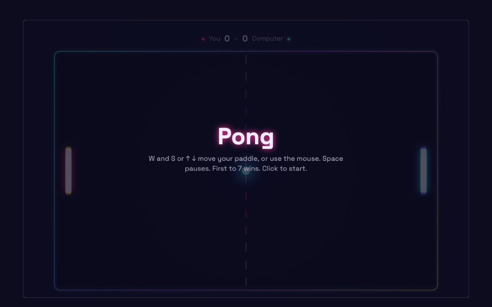 A neon game of Pong, with a score of 0 to 0, made with Kazzow.
